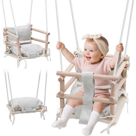 Wolketon Kinderschaukelsitz aus Holz mit beigem Kissen, verstellbare Seile, Babyschaukel ab 12 Monaten