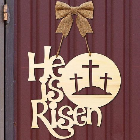 5 letreros de Pascua para la puerta: decoración religiosa de Pascua, cruz con lazo de yute. (1/5)
