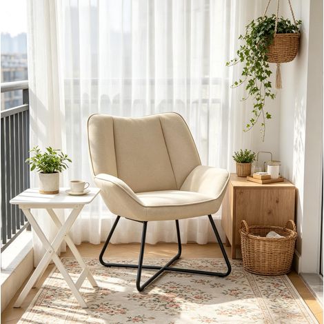 Poltrona lounge in lino beige con struttura in ferro, 71 x 85 x 70 cm (1/4)