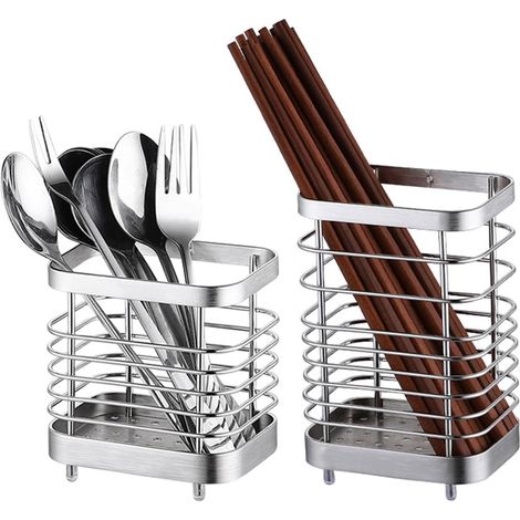 Edelstahl-Besteckhalter, 2-teiliges Abtropfgestell für Besteck, Töpfe und Küchenutensilien, Utensilienständer zur Aufbewahrung und Organisation von Zubehör (Silber)