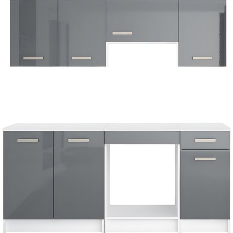 Vente-Unique – Cuisine complète 180 cm – 6 éléments de rangement – Gris brillant – Plan de travail mélaminé 60 cm – Facile d'entretien (1/5)