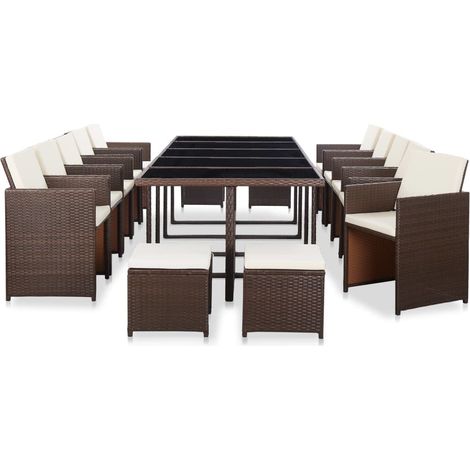 15-tlg. Garten-Essgruppe mit Auflagen Poly Rattan Braun
