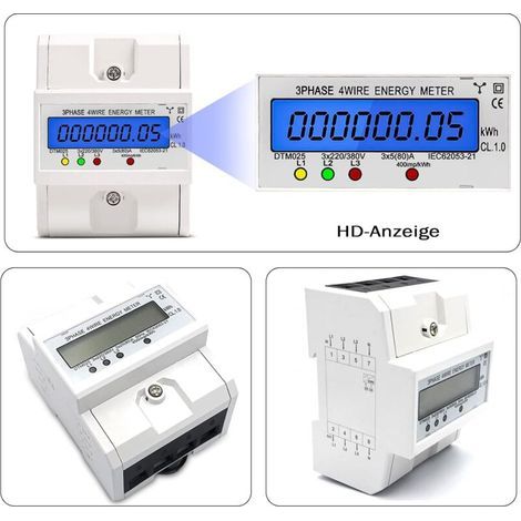 Compteur d'Energie Electrique Courant Triphasé 4 Fils, Compteur électrique numérique 220/380V 5-80 A Compteurs à cristaux liquides numériques à Rail Din pour systèmes de mesure de puissance (1/4)