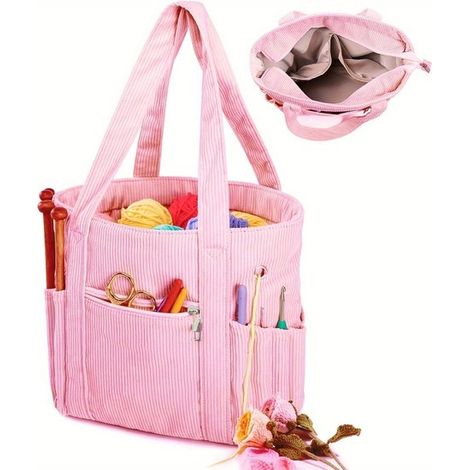 Sac De Rangement Pour Laine - Sac À Tricot Et Crochet Avec 4 Sorties Fils - Toile Cordura Rose - Sac De Voyage Fermeture Éclair - 1 Pièce