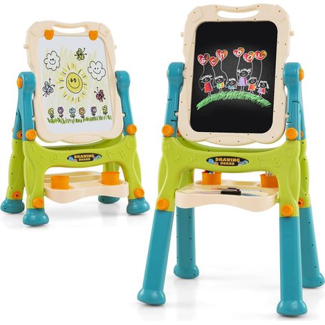 Tableau Enfant Double Face avec 2 Hauteur Réglable, Chevalet Enfant sur Pieds avec Plateau de Rangement & 2 Pots, Tableau Pivotant à 360° (1/5)