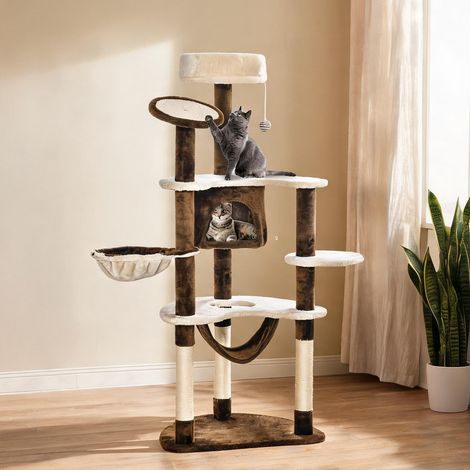 Arbre à chat XXL 153 cm avec cache et hamac en bois marron (1/5)