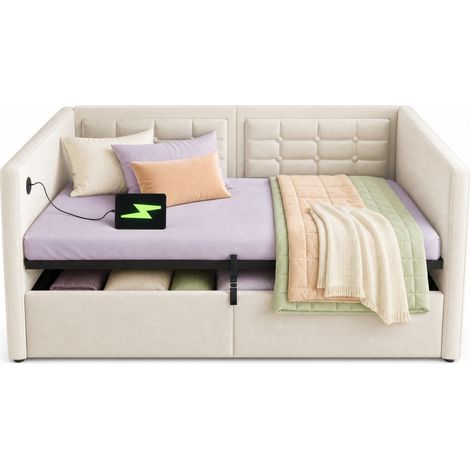 Canapé-lit 1 place 90x200 cm en velours beige avec coffre hydraulique, station USB et Type-C, sommier à lattes, sans matelas, CHICFURN (1/5)