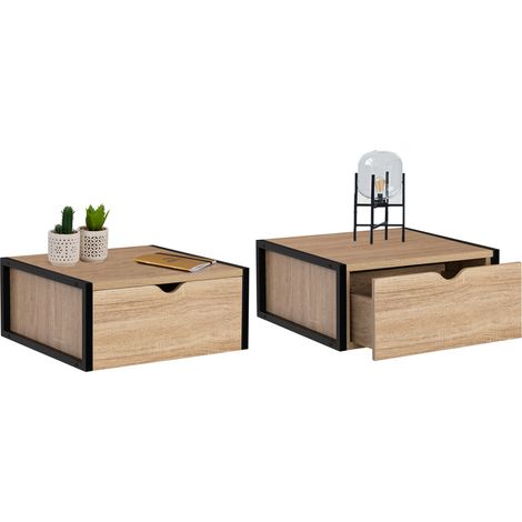 Idmarket – Lot de 2 tables de chevet murales – 1 tiroir – Étagère suspendue – Bois et métal noir – Style industriel – Dimensions 40x40x18 cm