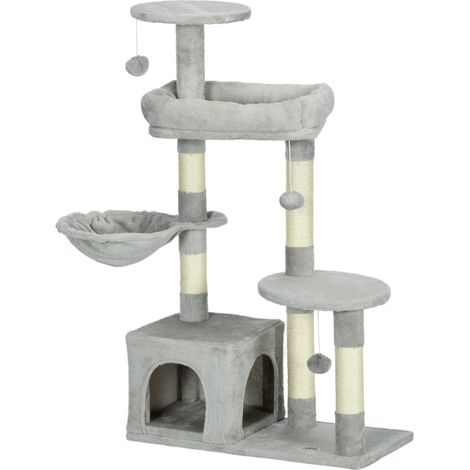 Arbre à chat gris clair – Hauteur 104 cm, 3 boules suspendues, colonnes renforcées – Centre activités multi-niveaux (1/5)