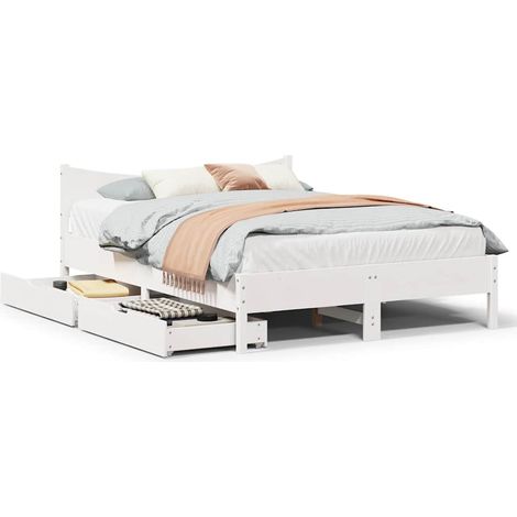Bed Frame with Drawers White 150x200 cm King Size Solid Wood Pine vidaXL