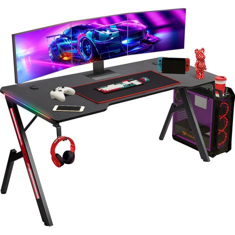 Todeco – Bureau gamer RGB 160x60cm – Surface en fibre de carbone imperméable – Ergonomique avec tapis de souris, porte-gobelet et crochet casque