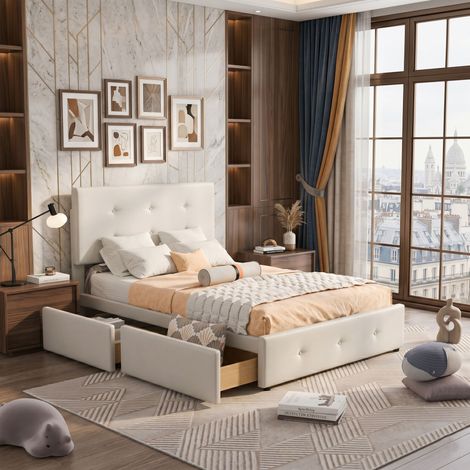 Lit coffre 90x200 cm, Lit simple avec 2 Tiroirs, Lit capitonné avec rangement et Tête de lit, Lit Adulte, Velours, Beige (90x200 cm) (1/5)