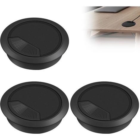 Kabeldurchführungen für den Schreibtisch – Set mit 3 schwarzen 60-mm-Kunststoff-Abdeckungen, praktische Kabelorganisation für Büro und Zuhause