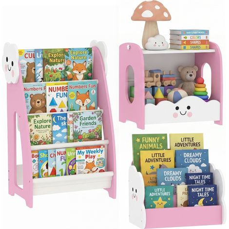 Meuble rangement enfant - AIYAPLAY - porte-magazines à 4 étagères, bibliothèque 3 niveaux - bois - 85,5 x 32 x 72 cm - rose