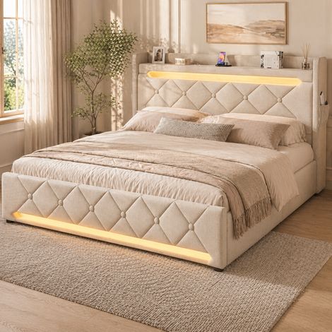 Lit coffre 180x200 - grand lit double avec rangement 3 niveaux, LED 360°, 3 USB + USB-C, lin - beige (1/5)
