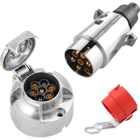 Prise Remorque 7 Broches Métal Et fiche Remorque 7 Broches Métal,12V Connecteur remorque 7 Broches Étanche pour Remorque Voiture, Porte-vélos,avec Support de fiche Remorque Rouge(SKM0701C) (1/5)