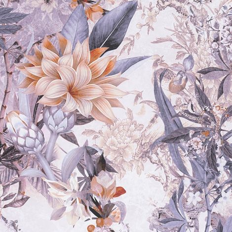 Blumen Tapete Profhome 381772 glatte Vliestapete ohne Struktur mit floralen Ornamenten matt weiß grau orange beige 5,33 m2