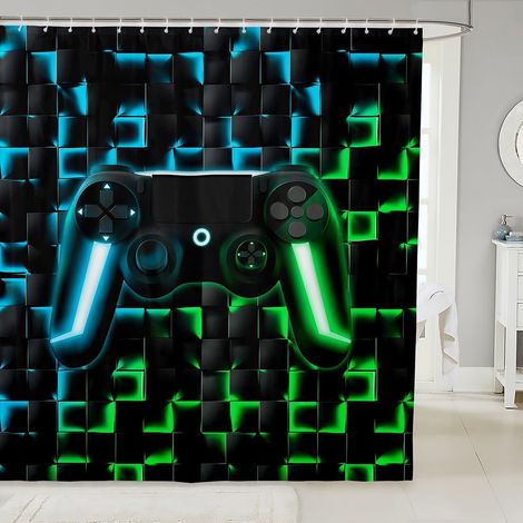 Jeu 180x200cm Rideau de Douche Garçons Jeux pour Enfants Rideau Douche 3D Géométrie Ombre Poignée de Jeu Rideau de Bain Adolescent Hommes Néon Jeux Vidéo Rideau de Baignoire - 180L X 200H cm (1 Pannea (1/5)