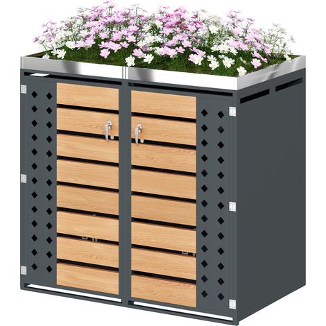 Abri poubelles extérieur double avec bac à plantes, portes verrouillables, ventilation en losange, effet bois gris, acier galvanisé pour jardin et terrasse – CHICFURN (1/5)