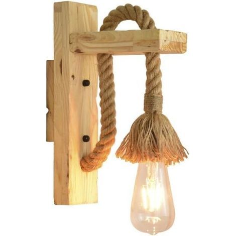 Vintage industrial wall light, rustic vintage wooden wall light, black metal cage lampshade, hemp rope hanging wall light for bedroom, living room (bulb not included) (1/5)