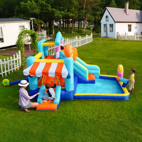 Castillo hinchable para niños 340x395x236cm, tobogán + piscina + cama elástica, con hinchador, multifuncional, tela Oxford, multicolor (1/5)