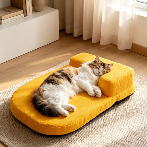 Matelas Chien Chat Mémoire de Forme 55x40 cm – Coussin Orthopédique avec Appuie-Tête, Housse Velours Déhoussable Lavable Imperméable, Tapis Antidérapant Salon, Cage et Voiture, Coloris Jaune (1/4)