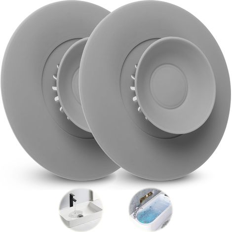 Gray Push-On Drain Cover with Hair Catcher and Anti-Clog Design for Bathtub, Sink, Kitchen Drains - 2-Pack Universal Tub and Sink Stopper Set (1/5)