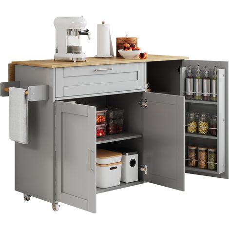 Table de cuisine mobile L132,5 x P44(70) x H90 cm, plan de travail rabattable, aspect chêne, meuble multifonction avec étagère à épices, porte-serviettes, 5 roulettes, idéal pour cuisine/salle à mange (1/5)
