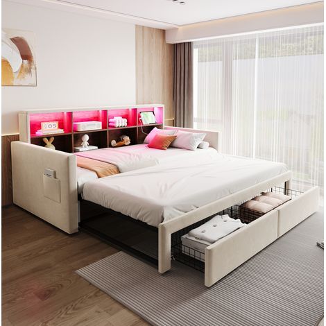 Sofá cama tapizado de terciopelo beige 90x190 cm extensible a 180 cm, con almacenaje, LED, enchufes y somier (1/5)