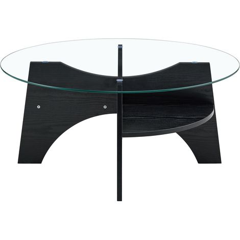 Table d’appoint ronde moderne en verre de sécurité – Ø 80 cm, design multifonction, structure en éventail, pieds en MDF aspect bois noir, idéale pour salle à manger, salon, bureau, etc.