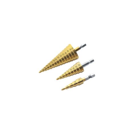 Set di 3 punte da trapano a gradini HSS 4-12 mm/4-20 mm/4-32 mm, in titanio, coniche triangolari, con attacco esagonale, punte da trapano a gradini, borsa inclusa, in metallo, utensile di foratura mul