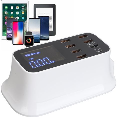 Station de charge USB 8 ports, hub de charge, 40 W, USB 3.0, Type C, affichage LED, protection contre les surtensions pour téléphones et tablettes, 100-240 V, prise européenne (1/5)