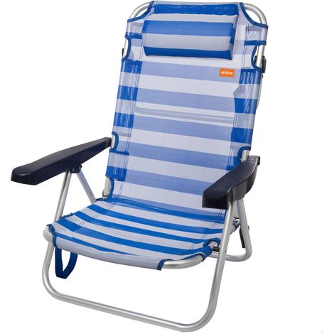 Chaise de Plage Pliante Multipositions avec Dossier Réglable, Coussin, Accoudoirs Ergonomiques et Poignée de Transport, Aluminium, PVC et Textilène, 48X45,50X84 cm, Bleu et Blanc (1/5)