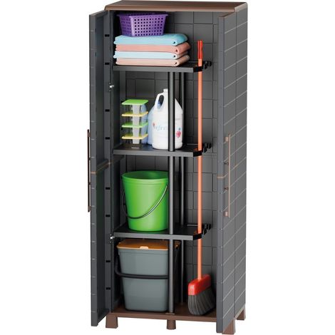 Armoire à balais + 3 Etagères Amovibles Anthracite 68 x 37 x 169 cm - Placard à balais Charge 60kg Garage Buanderie ArtPlast