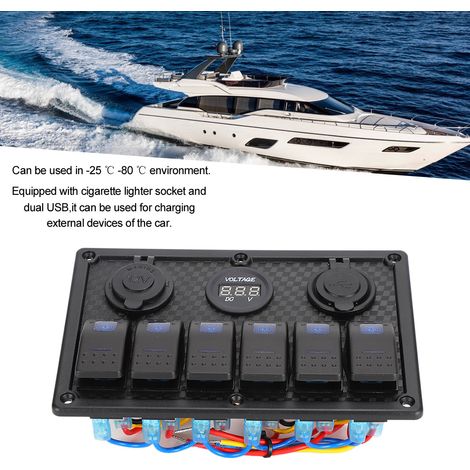 Panneau de commande étanche 12V-24V à 6 positions avec double port USB, prise allume-cigare et voltmètre. Convient aux voitures, camions, camping-cars et bateaux. (1/5)