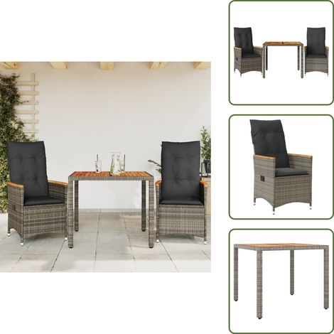 3-tlg. Bistro-Set mit Kissen Grau Poly Rattan - Gartenmöbel - Bistroset - Esstisch - Lounge Chair - Relax Sessel (1/5)