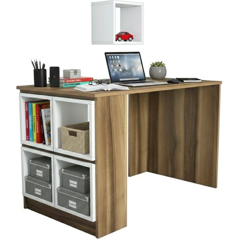 Dmora - Schreibtisch Syrma, Mehrzweckschreibtisch, Bürotisch für PC, Eckschreibtisch, 120x65h75 cm, Walnuss und Weiß, mit verstärkter Verpackung