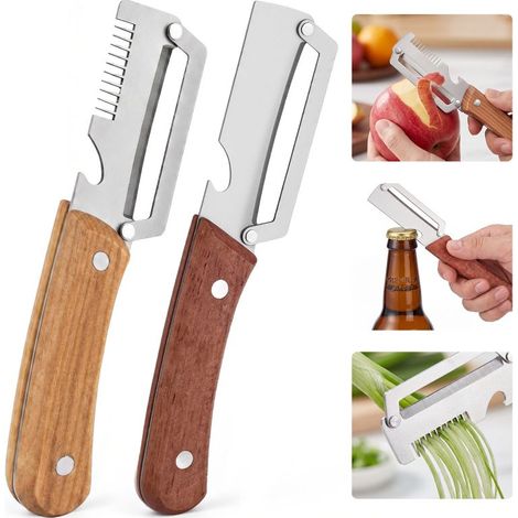 Beyamis Cup-cipolle verdi e pelatrice 3-in-1 – lama in acciaio inox, manico in legno, julienne, apribottiglie, compatto, cucina/campeggio (1/5)