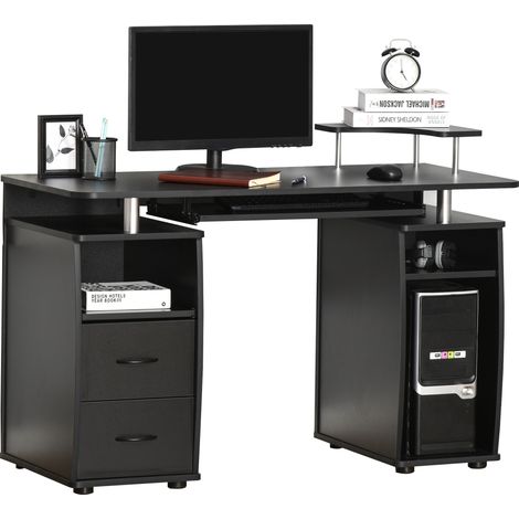 Schwarzer Computertisch mit Regalen und Schublade, 120 x 50 x 85 cm, Arbeitstisch mit Ablagefläche für Drucker und Tastatur, Arbeitsplatz für Schlaf- oder Wohnzimmer (1/5)