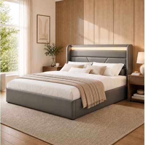 Lit coffre hydraulique rembourré 140 x 200 cm avec bande led et télécommande tête de lit en pu gris rangement intégré (1/5)
