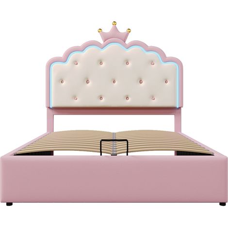 Cama acolchada 140 x 200 cm, con iluminación ambiental a distancia, corona de princesa, rosa (1/5)