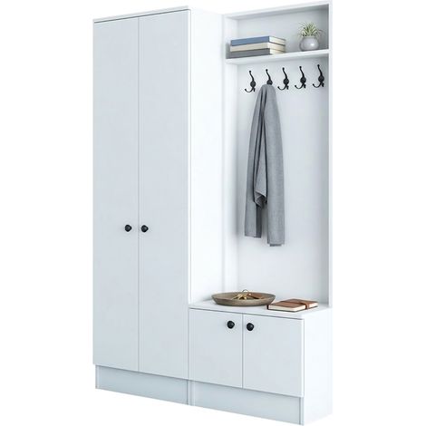 Eingangsmöbel Grue, 3 Regale, Garderobe, 4 Türen, 120x37x183h cm Weiß