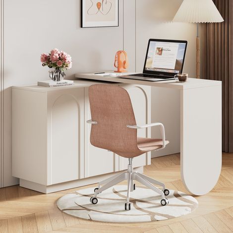 MODFU – Bureau d'angle pivotant 110 cm MDF – Rangements et table rabattable – Étagères réglables et fermeture amortie – Bureau – Blanc (1/5)
