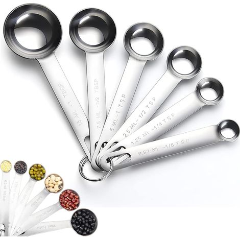 Juego de 6 cucharas medidoras redondas de acero inoxidable, para medir ingredientes secos y líquidos, 6 tamaños diferentes. (1/5)