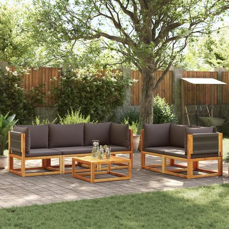 Salon de jardin 6 pièces en bois d'acacia massif et corde tressée avec coussins gris, 71.4kg - PANGIVO (1/5)