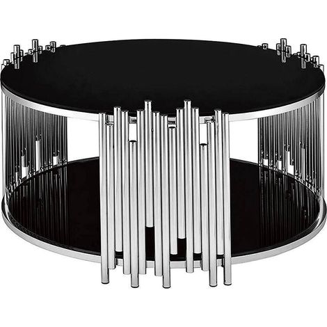 Table Basse ronde STICK Chrome et plateau en verre NOIR D90 H45 cm (1/5)