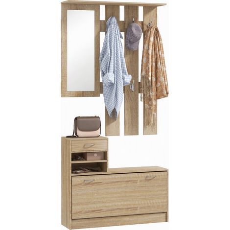 Homcom – Ensemble de meubles d'entrée – meuble à chaussures 90L x 24l x 75H cm – panneau porte-manteau avec miroir 90L x 10l x 91H cm – 6 crochets métal