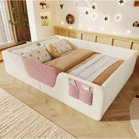 Cama infantil 140x190 cm de terciopelo beige con almacenaje, sin colchón FloraGrace (1/5)
