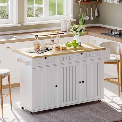 Îlot de cuisine 137/70/89,5 cm en blanc naturel avec plateau rabattable et roulettes freinées (1/5)