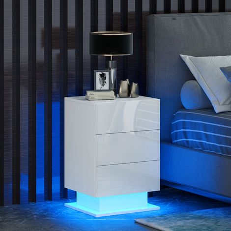 Table de chevet moderne avec lumière LED réglable, télécommande et 3 tiroirs, 40x35x60 cm, Blanc brillant (1/5)